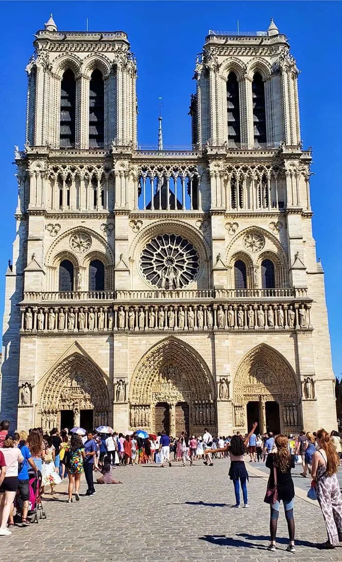 The front of Notre Dame Cathedral in Paris, France