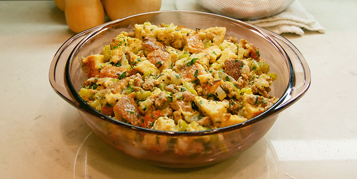 make-ahead sausage stuffing in a casserole dish