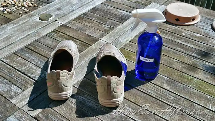 cleaning smelly shoes shoes and a blue glass spray bottle of vodka