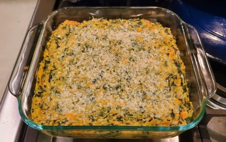 Quinoa Casserole in a square glass baking dish.
