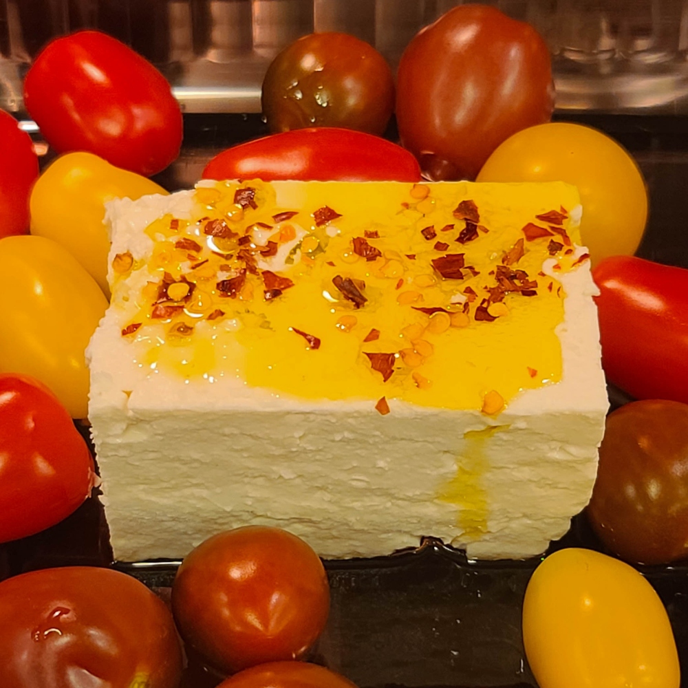 Feta cheese block with grape tomatoes