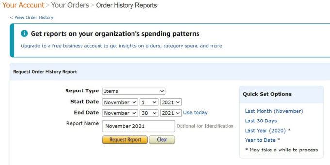 A screenshot of the Order History Reports page on Amazon, showing several dropdown boxes for choosing which report to run and other options.