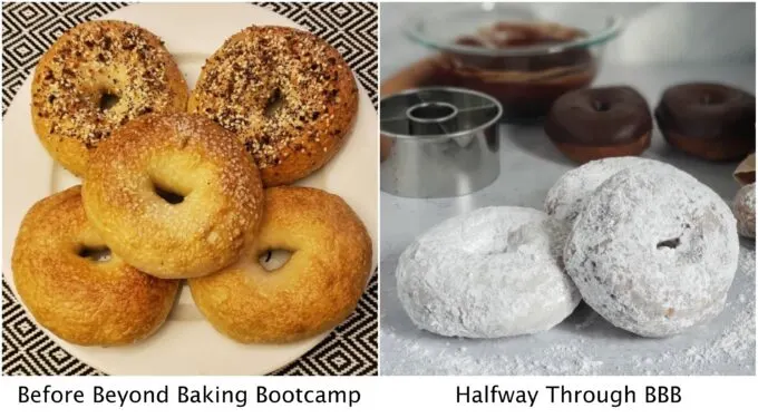 On the left a badly-photographed plate of bagels, and on the right, a nicely-styled donut scene.