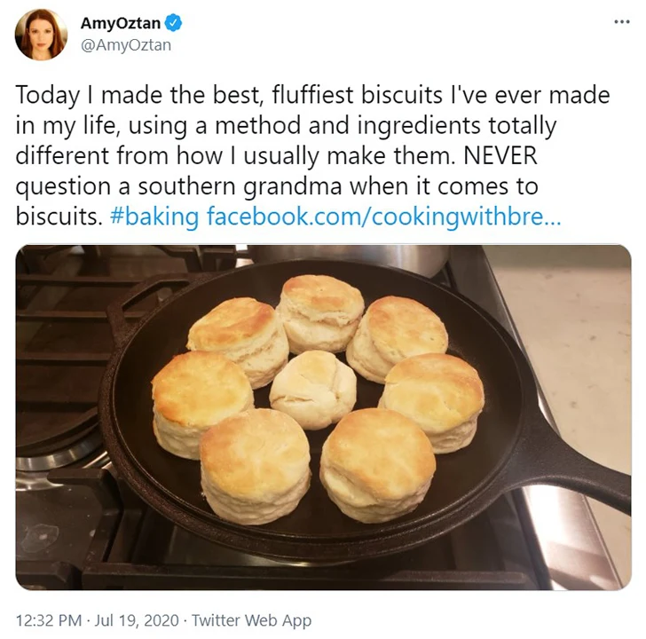 A Twitter post, with a picture of biscuits in a cast-iron pan, that says "Today I made the best, fluffiest biscuits I've ever made in my life, using a method and ingredients totally different from how I usually make them. NEVER question a southern grandma when it comes to biscuits."