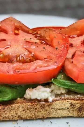 Open-faced caprese toast with fresh mozzarella cheese, fresh basil, and sliced tomatoes.