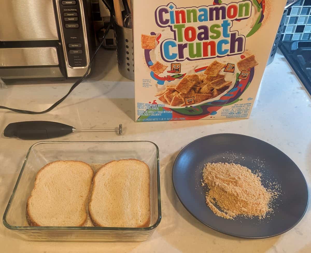French toast Ingredients on a counter, including bread and cereal crumbs.